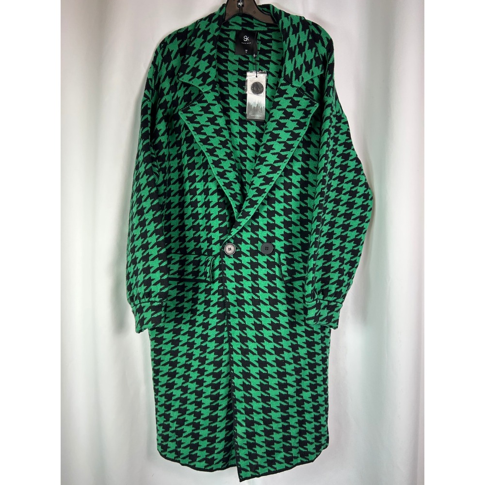 Maximalist Juniper Green Black Houndstooth Jacquard Knit Longline Coat XL NWT